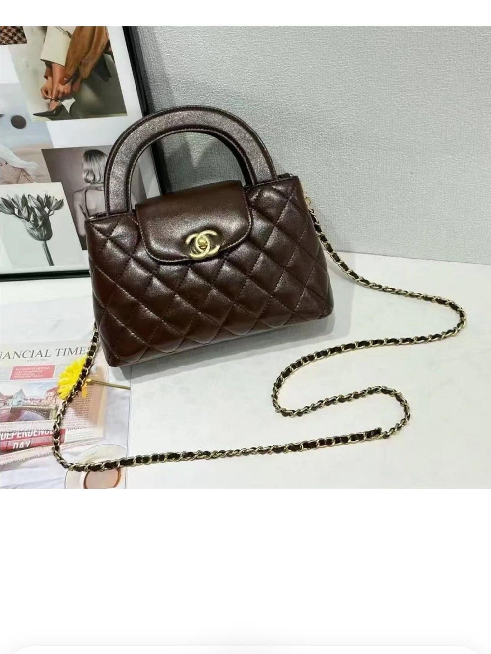 Quilted Brown Top-Handle Crossbody Bag with Chain Strap